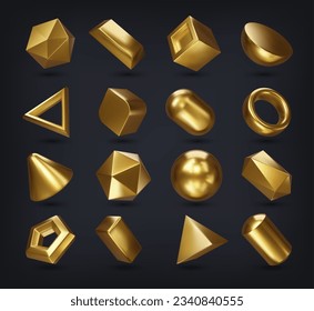 Formas geométricas realistas de matemáticas doradas en 3d. Conjunto vectorial de cubo, cilindro y anillo, octaedro, cono, pirámide, paralelepípedo. Prisma cuadrado, hexagonal y pentagonal, dodecaedro, icosaedro, pirámide