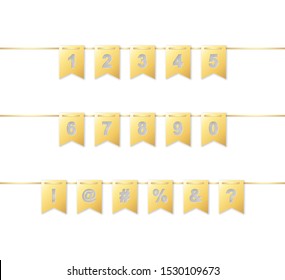 realistic 3d golden paper flag garland on ribbon with gray foil numbers and signs, stock vector illustration clipart design element isolated on white background
