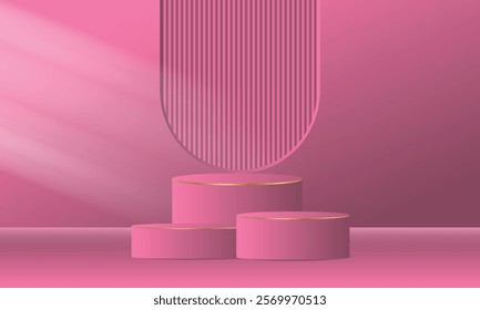 Realistic 3d golden and pink empty podium on pink background. Elegant stage design for product demonstration and marketing promotion, advertising, banner, poster. Vector illustration.