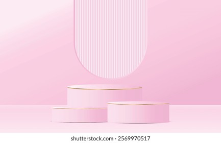 Realistic 3d golden and pink empty podium on pink background. Elegant stage design for product demonstration and marketing promotion, advertising, banner, poster. Vector illustration.