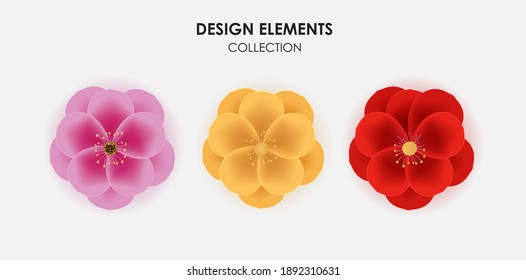 Realistic 3d Golden, Red and Pink Sarura, Plum Flower Icon Collection Set. Vector Illustration