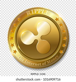 Realistic 3d golden Ripple coin.
The Internet of Money.
Banking and blockchain concept. 
Modern flat style. Vector illustration on transparent background