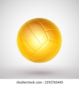 Realistic 3D golden volleyball ball on white background. Award or cup for winner of sport games. Concept of high sports achievement or trophy winning. EPS 10 vector illustration.