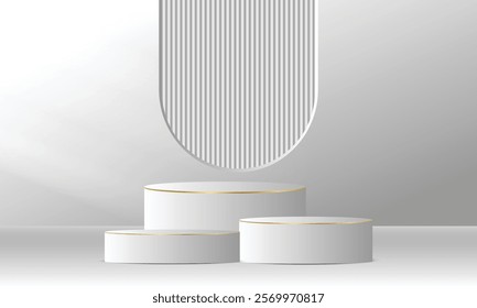 Realistic 3d golden and white empty podium on white background. Elegant stage design for product demonstration and marketing promotion, advertising, banner, poster. Vector illustration.