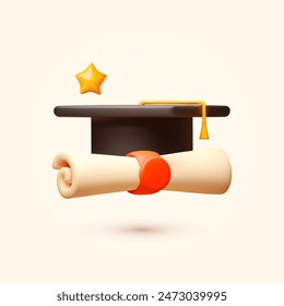 Realistic 3D graduation cap and diploma scroll. Education icon Academic hat with tassel and university degree certificate