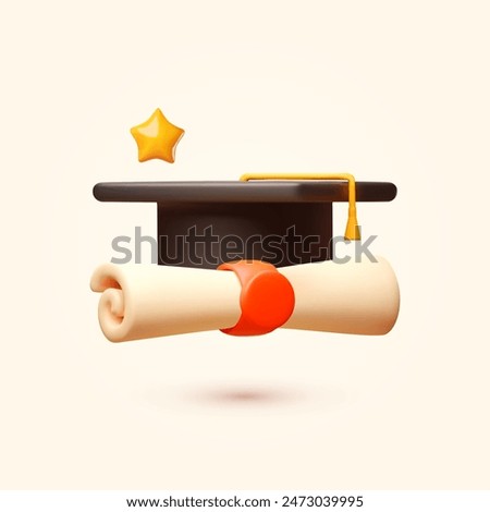 Realistic 3D graduation cap and diploma scroll. Education icon Academic hat with tassel and university degree certificate