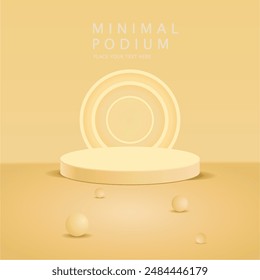 Realistic 3D gray brown cylindrical pedestal podium with arch and ball shape background. Abstract geometric minimal scene for mockup product display, round stage for exhibition. Vector EPS.