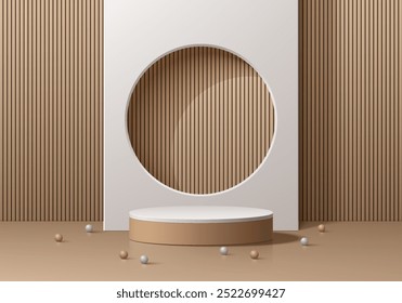 Realistic 3D gray cylindrical  podium background with wooden slats partitions backdrop scene. Minimalist mockup pedestal, Abstract product display presentation, Stage showcase. Platforms vector design