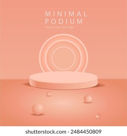 Realistic 3D gray pink cylindrical pedestal podium with arch and ball shape background. Abstract geometric minimal scene for mockup product display, round stage for exhibition. Vector EPS.