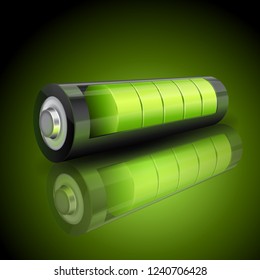 Realistic 3d green battery, charging status indicator, almost charged power supply, vector illustration