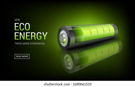 Realistic 3d green battery, environmental alternative energy. charging status indicator, almost charged power supply, vector illustration