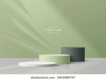 Realistic 3D green, black and white podium pedestal background with natural light scene. Minimal scene mockup or product stage showcase, Banner cosmetic promotion display. Abstract vector platforms.