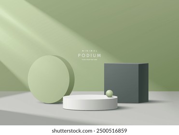 Fondo realista del pedestal del podio del verde, negro y blanco 3D con la escena de la luz natural. Pedestal de maqueta minimalista o presentación abstracta del producto, escaparate del escenario. Diseño de Vector de plataformas.