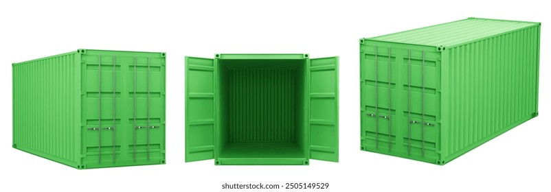 Realistic 3d green container for cargo shipping. Vector illustration set of closed and open empty long industrial box for storage and shipment. Intermodal freight transport logistic package mockup.
