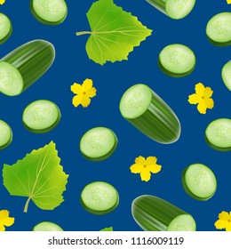 Realistic 3d Green Raw Whole Cucumber, Slices, Flower and Leaves Seamless Pattern Background for Salad Recipe, Market. Vector illustration