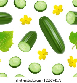 Realistic 3d Green Raw Whole Cucumber, Slices, Flower and Leaves Seamless Pattern Background on a White for Salad Recipe, Market. Vector illustration