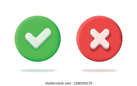 Realistische 3d-grüne und rote Kreistaste mit Scheck- und Kreuzmarken. Richtiges und falsches Zeichen. Ok ja keine Symbole der Annahme, Ablehnung. Vektorgrafik einzeln auf weißem Hintergrund.
