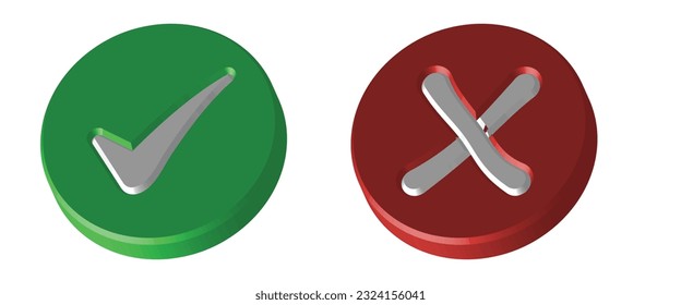 Icono de marca 3D de marca verde derecha realista, Icono de marca de verificación errónea, Icono de marca brillante y brillante e icono de marca cruzada, marca de verificación realista verde y rojo con vector de marca correcta y errónea o X