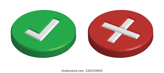 Icono de marca 3D de marca verde derecha realista, Icono de marca de verificación errónea, Icono de marca brillante y brillante e icono de marca cruzada, marca de verificación realista verde y rojo con vector de marca correcta y errónea o X