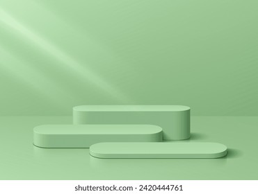 Realistic 3D green round stand podium background level set in clean pastel wall scene. Abstract minimal mockup or product display presentation, Stage showcase. 3D Platforms vector geometric design.