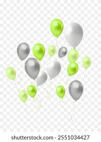 Realistic 3d Green and Silver Balloons on Transparent Background. Vector Illustration