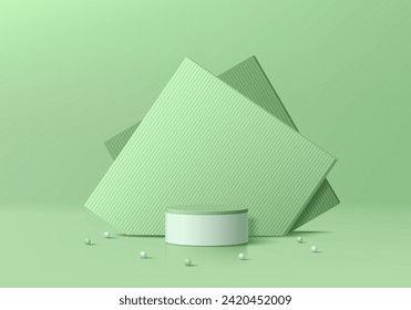 Realistic 3D green, white cylinder podium shelf product background with geometric square backdrop. Wall minimal scene mockup products stage showcase, Banner promotion display. Abstract vector platform