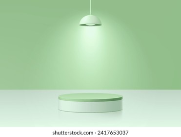 Realistic 3D green and white podium pedestal background with lighting of hanging neon lamp. Wall minimal scene mockup product stage showcase, Cosmetic promotion display. 3D abstract vector platforms.