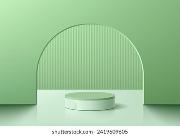 Fondo peatonal 3D verde del podio blanco realista en la puerta de arco con escenas de patrón vertical. Muro mínimo de simulación de la muestra de la etapa del producto, pantalla de promoción de banner cosmético. plataforma vectorial abstracta 3D