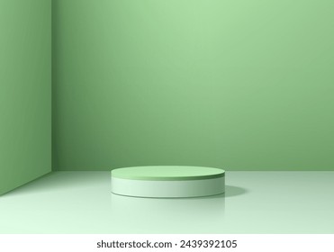 Fondo realista del pedestal del podio verde 3D, blanco con la escena de la pared de la sala de esquina. Escaparate mínimo de la etapa del producto de la maqueta, exhibición cosmética de la promoción del banner. Diseño de plataforma geométrica de vector abstracto 3D.