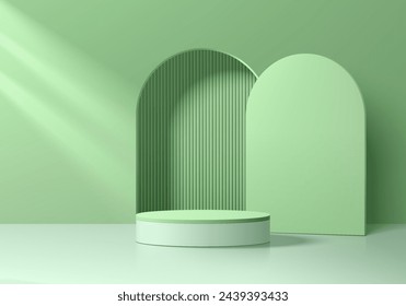 Realistic 3D green and white podium pedestal background with arch shape door wall scene. Minimal scene mockup or product stage showcase, Banner cosmetic promotion display. 3D abstract vector platforms