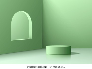 Realistischer 3D-grüner, weißer Podesthintergrund mit Eckraum-Wandszene. Minimale Mockup-Produktphase-Showcase, Kosmetik-Banner-Promotion-Anzeige. 3D abstrakter Vektor geometrisches Plattformdesign