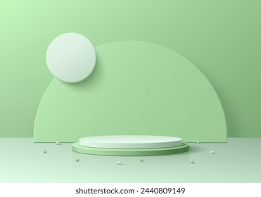 Realistic 3D green and white podium pedestal background with semi circle backdrop scene. Minimal scene mockup or product stage showcase, Banner cosmetic promotion display. Abstract vector platforms.