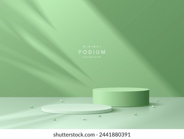 Realistic 3D green and white podium pedestal background set with natural light wall scene. Minimal scene mockup or product stage showcase, Banner cosmetic promotion display. Abstract vector platforms.