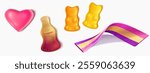 Realistic 3D gummy candies in heart shape, bear, cola bottle figures, twisted multicolored sour strip with sugar. Sweet jelly treats with smooth translucent surface. Colorful gelatin confectionery.