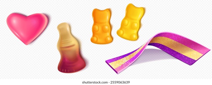 Realistische 3D-Gummi Bonbons in Herzform, Bär, Cola Flaschenfiguren, verdrehter mehrfarbiger saurer Streifen mit Zucker. Süßes Gelee behandelt mit glatter, durchscheinender Oberfläche. Bunte Gelatine-Süßwaren.