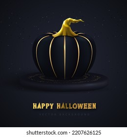 Realistic 3D halloween black pumpkin on dark background. Vector illustration