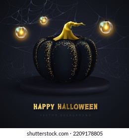 Realistic 3D Halloween Black Pumpkin On Dark Background. Vector Illustration