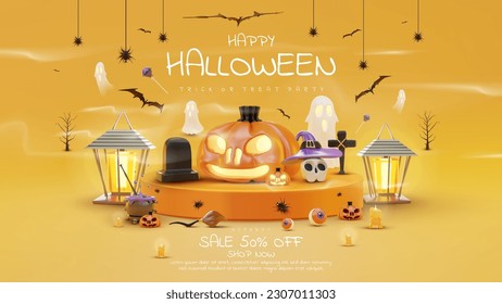 Realistic 3D Halloween ornament elements on orange podium. Holiday season discount label background template. Vector illustration.