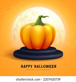 Realistic 3D halloween pumpkin with full moon. Halloween holiday background. Vector illustration