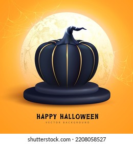 Realistic 3D halloween pumpkin with full moon. Halloween holiday background. Vector illustration