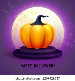 Realistic 3D halloween pumpkin with full moon. Halloween holiday background. Vector illustration