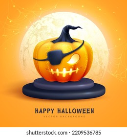 Realistic 3D halloween pumpkin with full moon. Halloween holiday background. Vector illustration