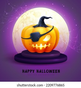Realistic 3D halloween pumpkin with full moon. Halloween holiday background. Vector illustration