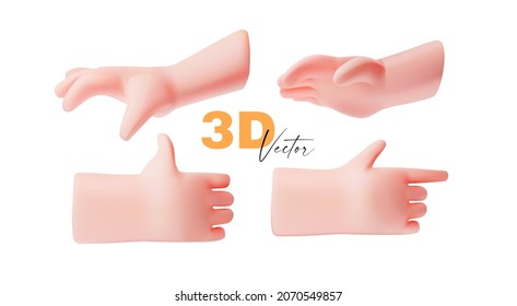 Realistic 3D hand gestures set isolated on white. cartoon design