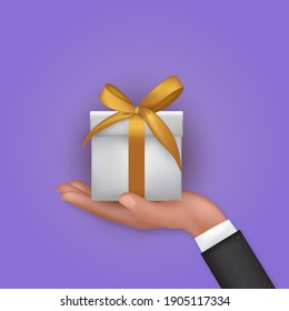 Realistic 3D Hand Holding Gift Box with Bow and Ribbon. Vector Illustration