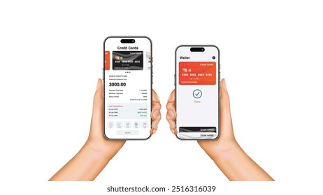 Realistic 3D Hand Holding Smartphone with Credit Card on Screen: Effortless Wireless Payment Processing for Online Shopping | Vector Design