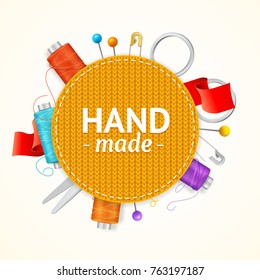 Realistic 3d Hand Made Knitted Concept Poster Emblem Round Shape for Creative Workshop, Hobby or Business. Vector illustration