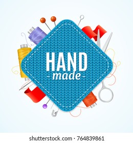 Realistic 3d Hand Made Knitted Concept Include of Tools Needle Pin, Yarn, Knit and Scissors. Vector illustration of Elements Sew