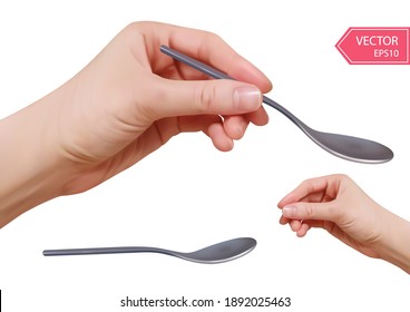 Realistic 3d Hand With A Spoon. Woman Hand Isolated On White Background. Vector Illustration. 