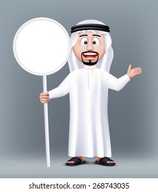 Realistic 3D Handsome Saudi Arab Man Character Wearing Traditional Clothes Holding Blank White Sign Board with Text Space. Editable Vector Illustration